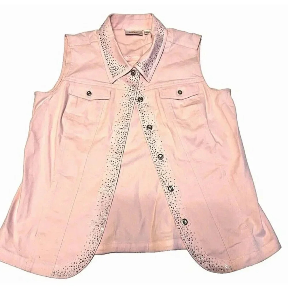 Quacker‎ Factory M Pink Button-Up Bedazzled Vest BarbieCore Western Cowgirl